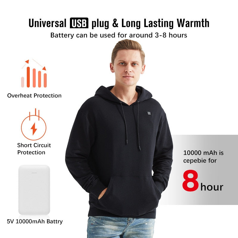 Sweat à capuche chauffant USB pour hommes et femmes noir